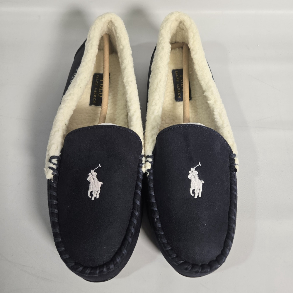 Polo Ralph Lauren Collins Faux Suede Leather Slippers Mens 10 Navy Sherpa NWOB
